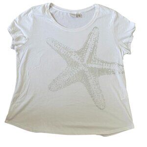 Chico's White Silver Starfish T-Shirt Size 3 Beach top xl short sleeve